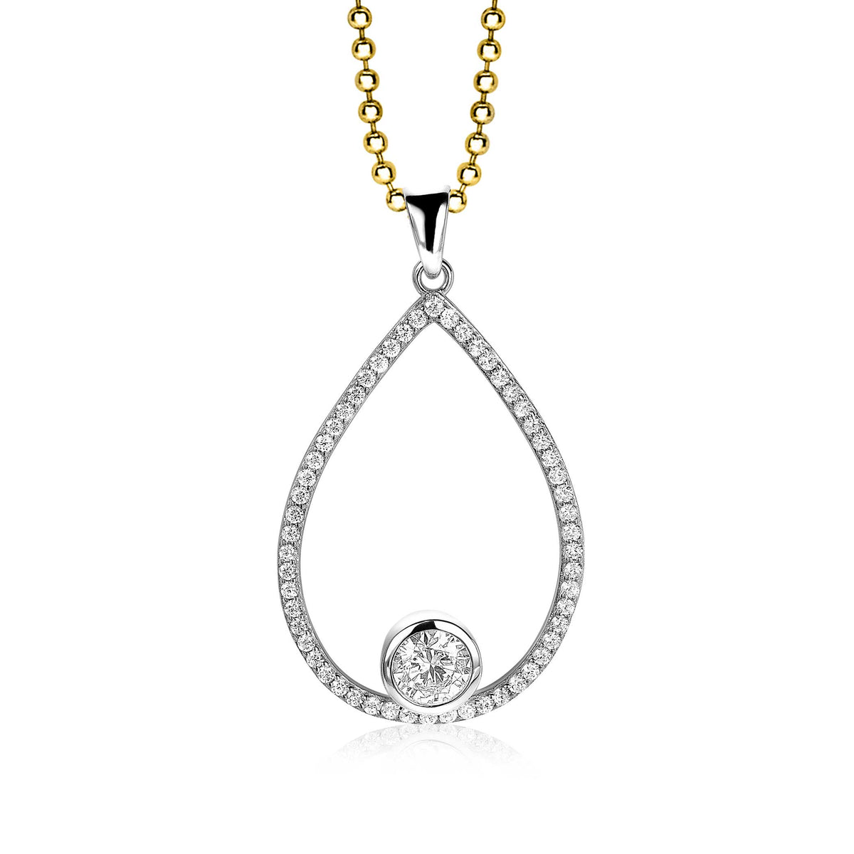 Hänger aus Silber in Tropfenform mit einem klaren Edelstein und Zirkonia-Steinen umrandet, an einer goldenen Kette