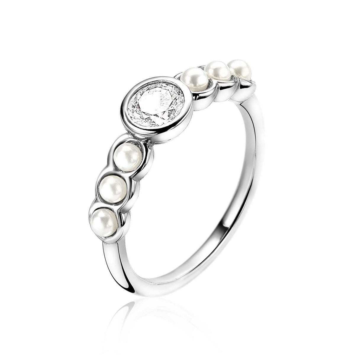 Ring aus Silber mit einem runden Zirkonia und mehreren weißen Perlen