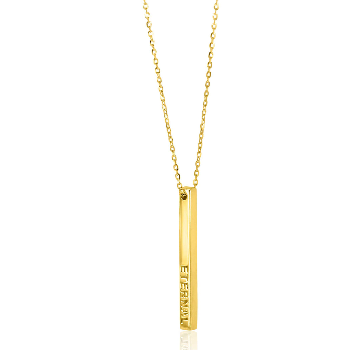 Halskette aus Gold mit länglichem Anhänger und eingraviertem Wort "Eternity