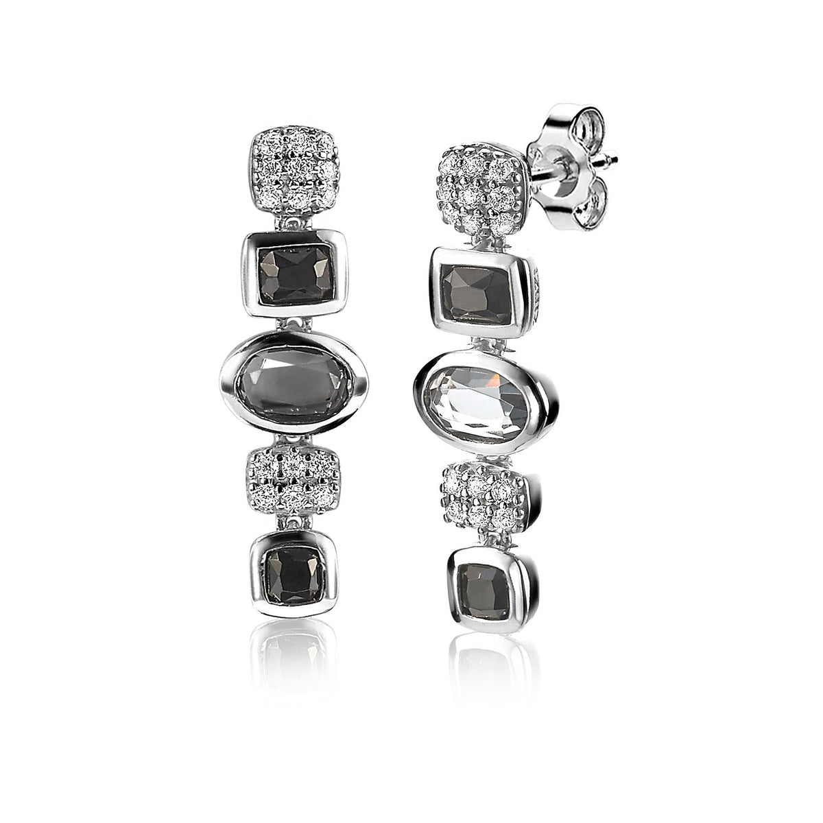 Ohrringe aus Silber mit verschiedenen Edelsteinen und klaren Zirkonia, in länglicher Form