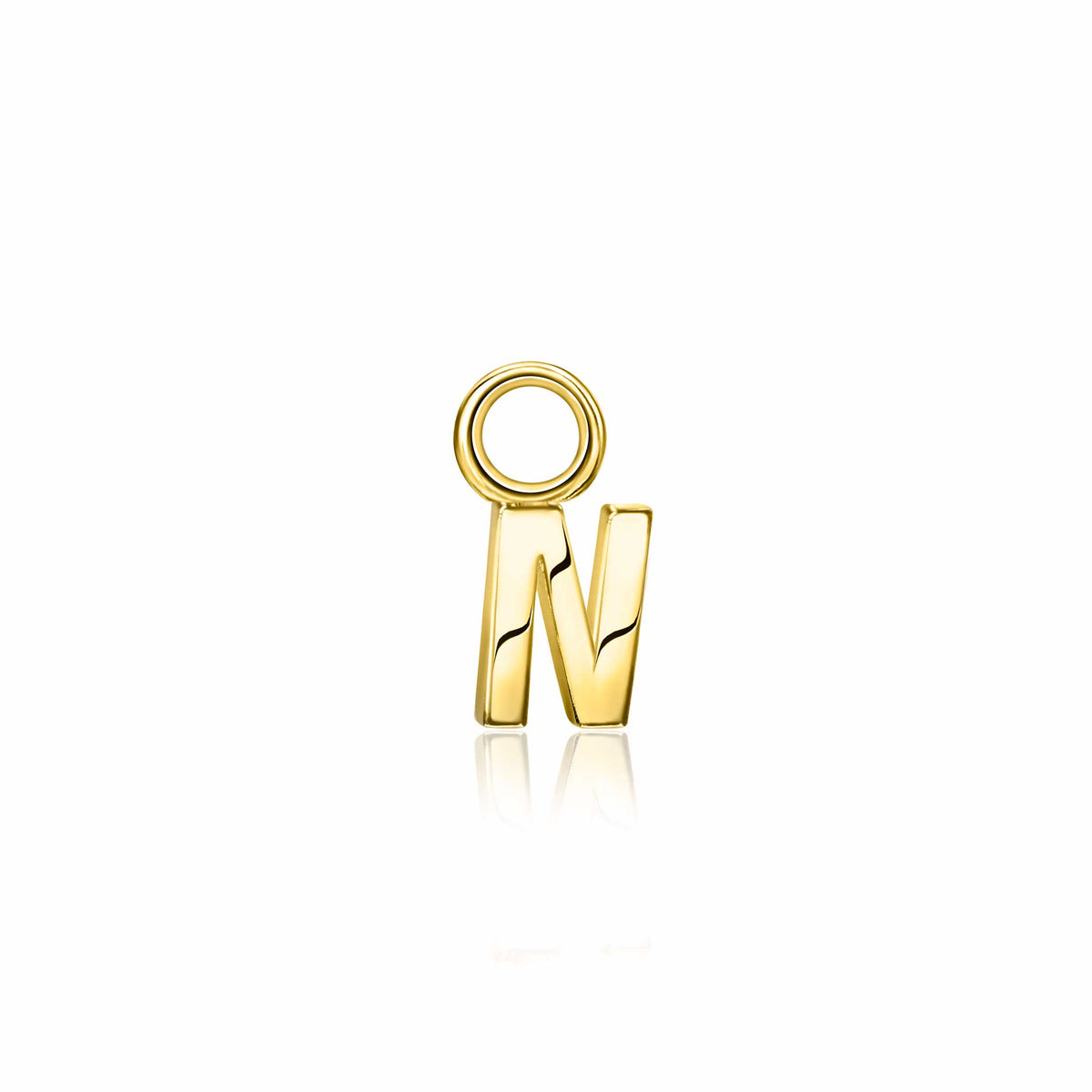 Goldplattierte Ohrringe mit Buchstaben N in geschwungener Form und glänzender Oberfläche
