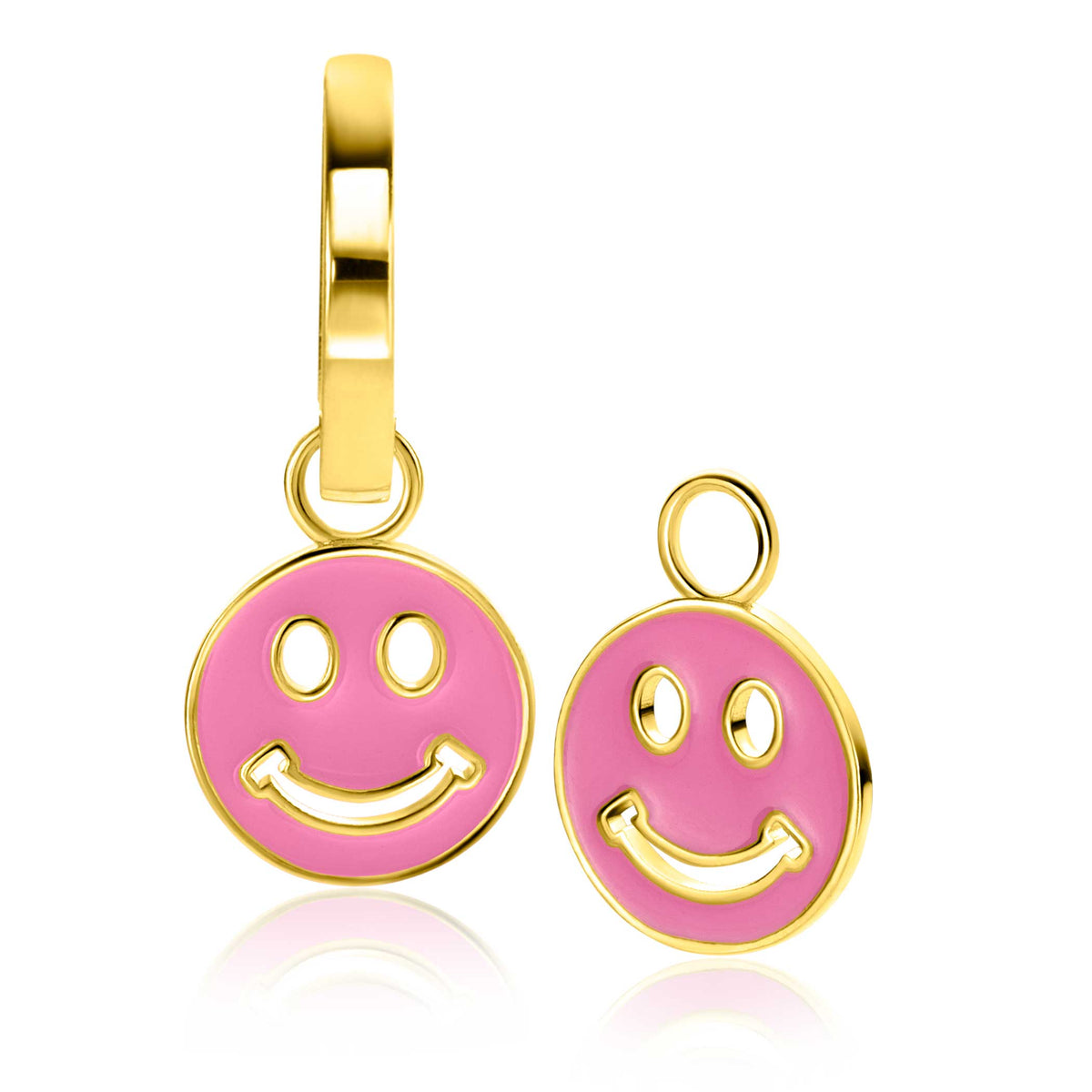 Goldplattierte Ohrringe mit pinkem Smiley-Anhänger und glänzender Oberfläche