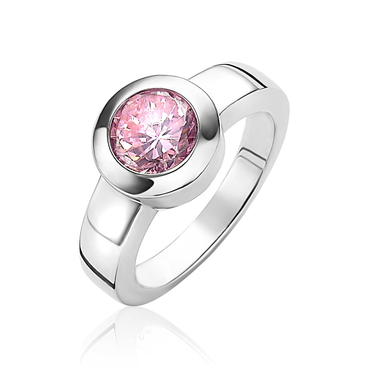 Ring aus Silber mit rundem, pinkem Edelstein in der Mitte