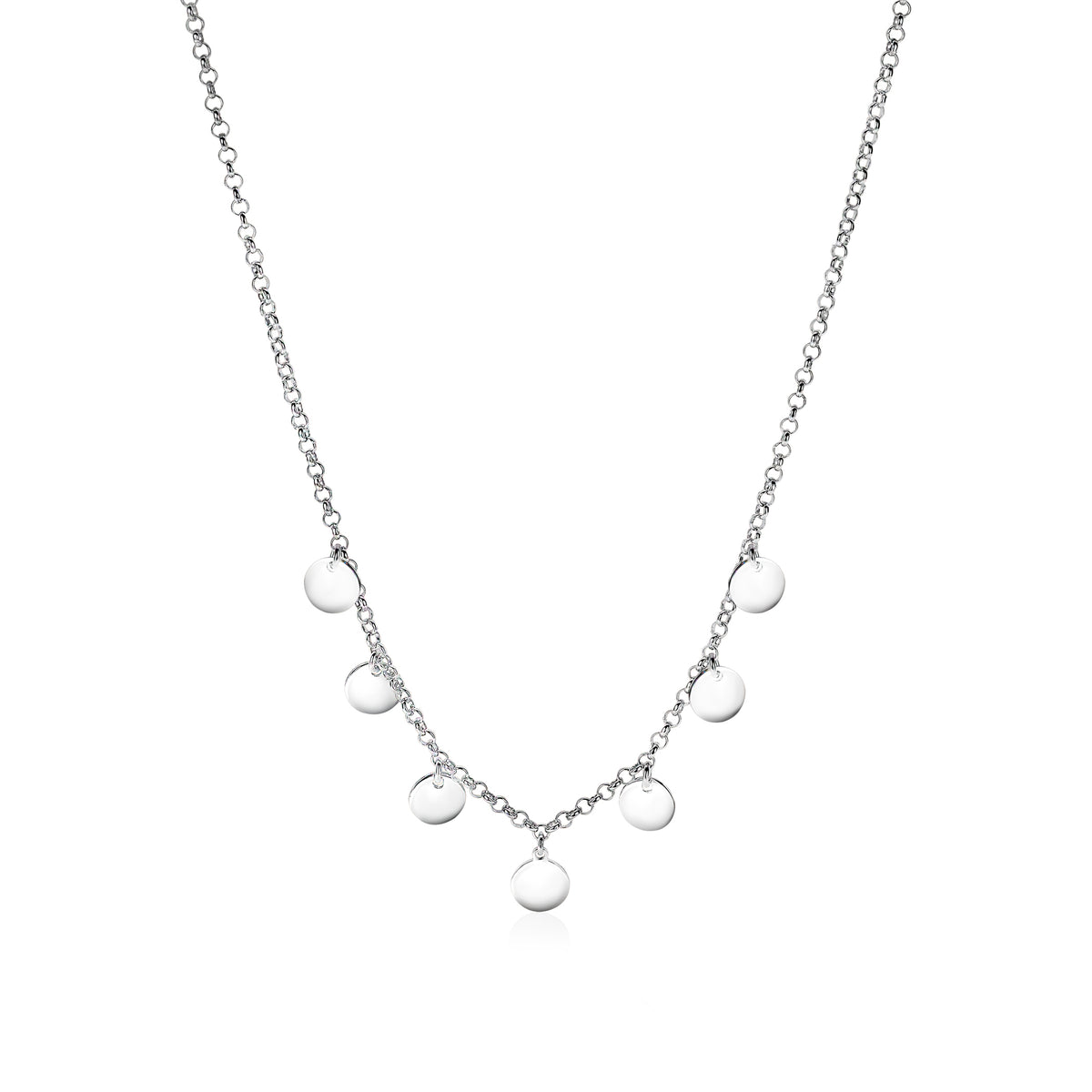 Zilveren ketting met vijf ronde, hangende schijfjes in een delicate schakelketting.
