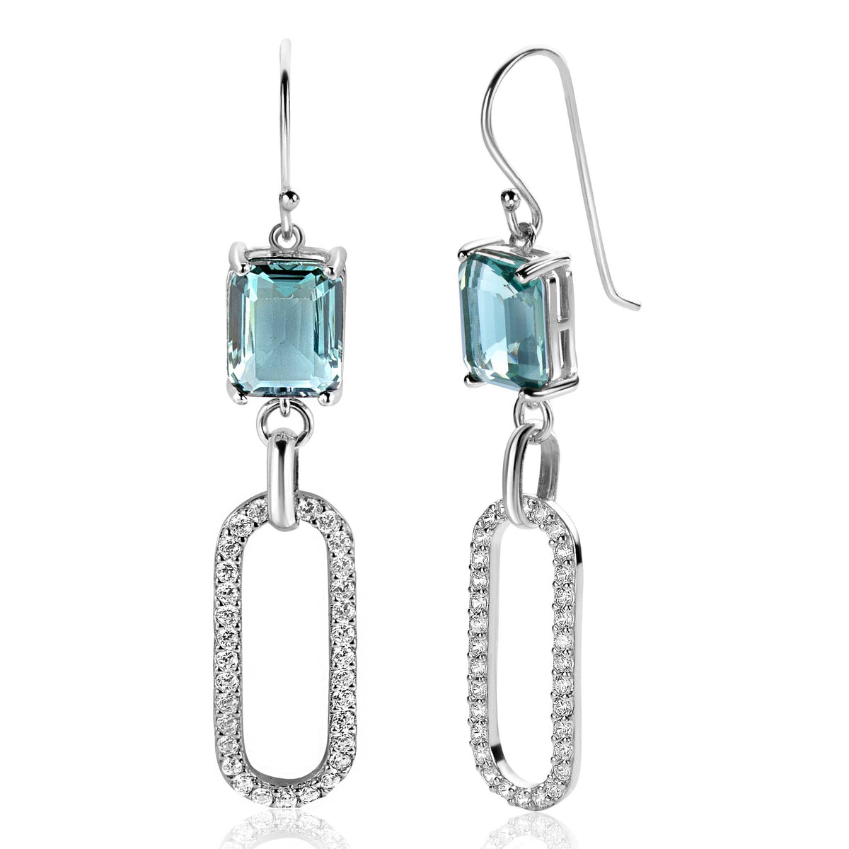 Ohrringe aus Silber mit rechteckigem, blauem Edelstein und glitzerndem, ovalem Anhänger
