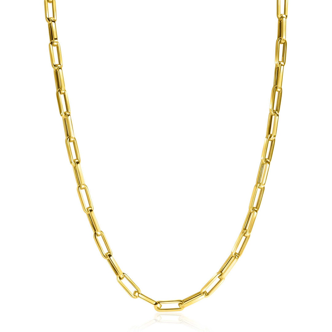 De Zinzi Ketting Goud Zgc347 van Zinzi heeft langwerpige paperclip-schakels voor een minimalistische en verfijnde look. De glanzende afwerking vangt het licht prachtig op, afgezet tegen een frisse witte achtergrond.