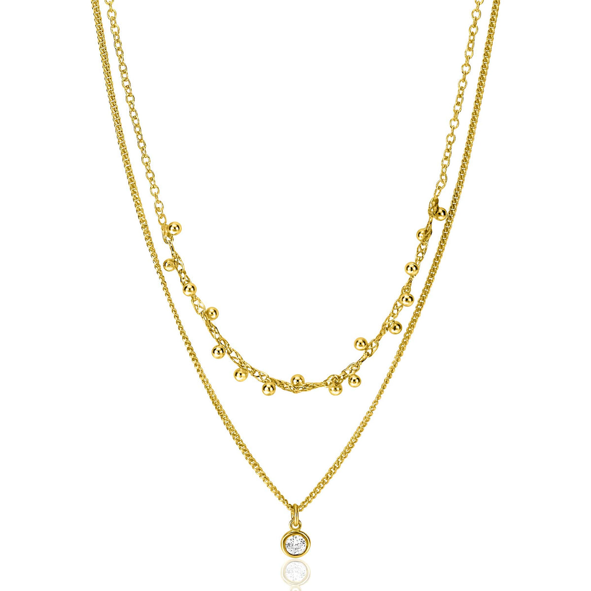Zweireihige Kette mit goldplattierten Gliedern und einem Anhänger mit klarem Edelstein