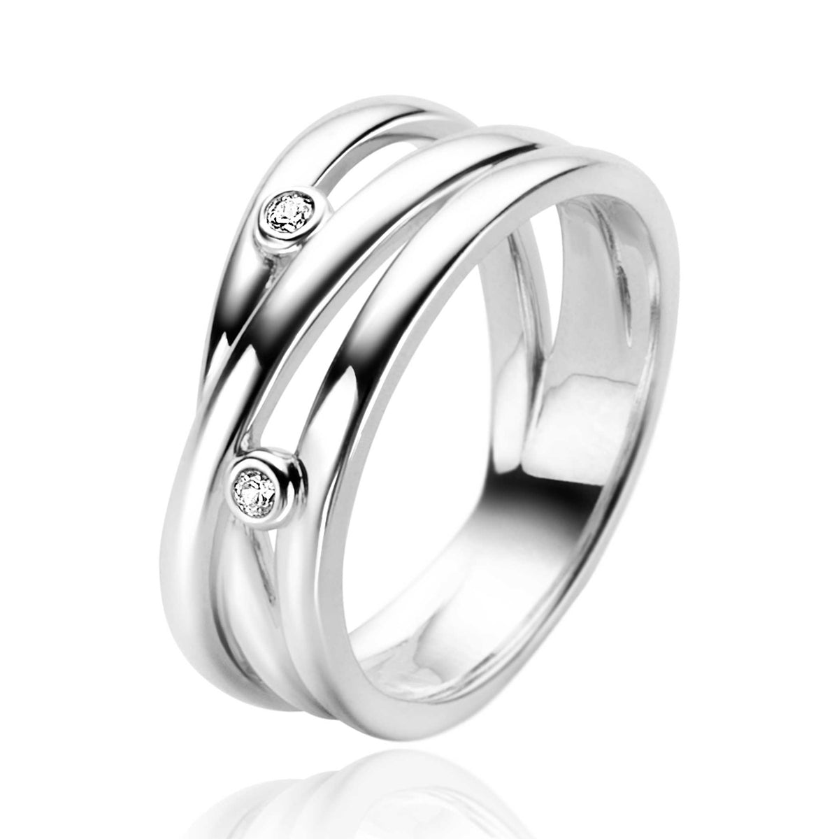 Ring aus Silber mit zwei geschwungenen Bändern und zwei kleinen Zirkonia-Steinen