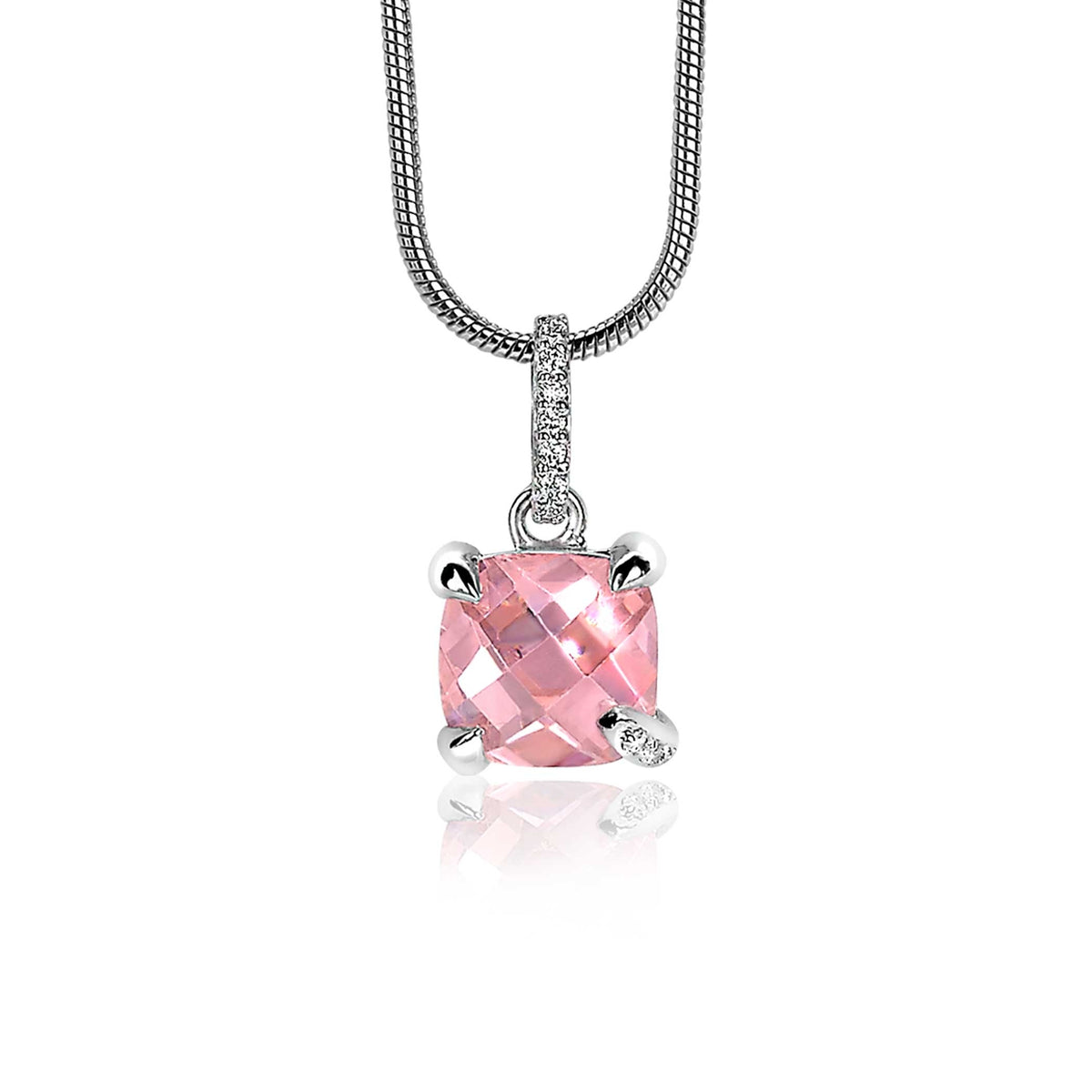 Hänger aus Silber mit rosa Edelstein und klaren Zirkonia, an einem feinen Mesh-Armband