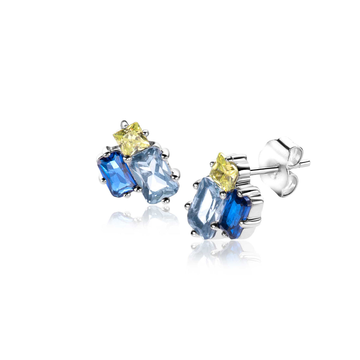 Ohrringe aus Silber mit blauen und gelben Edelsteinen in verschiedenen Formen