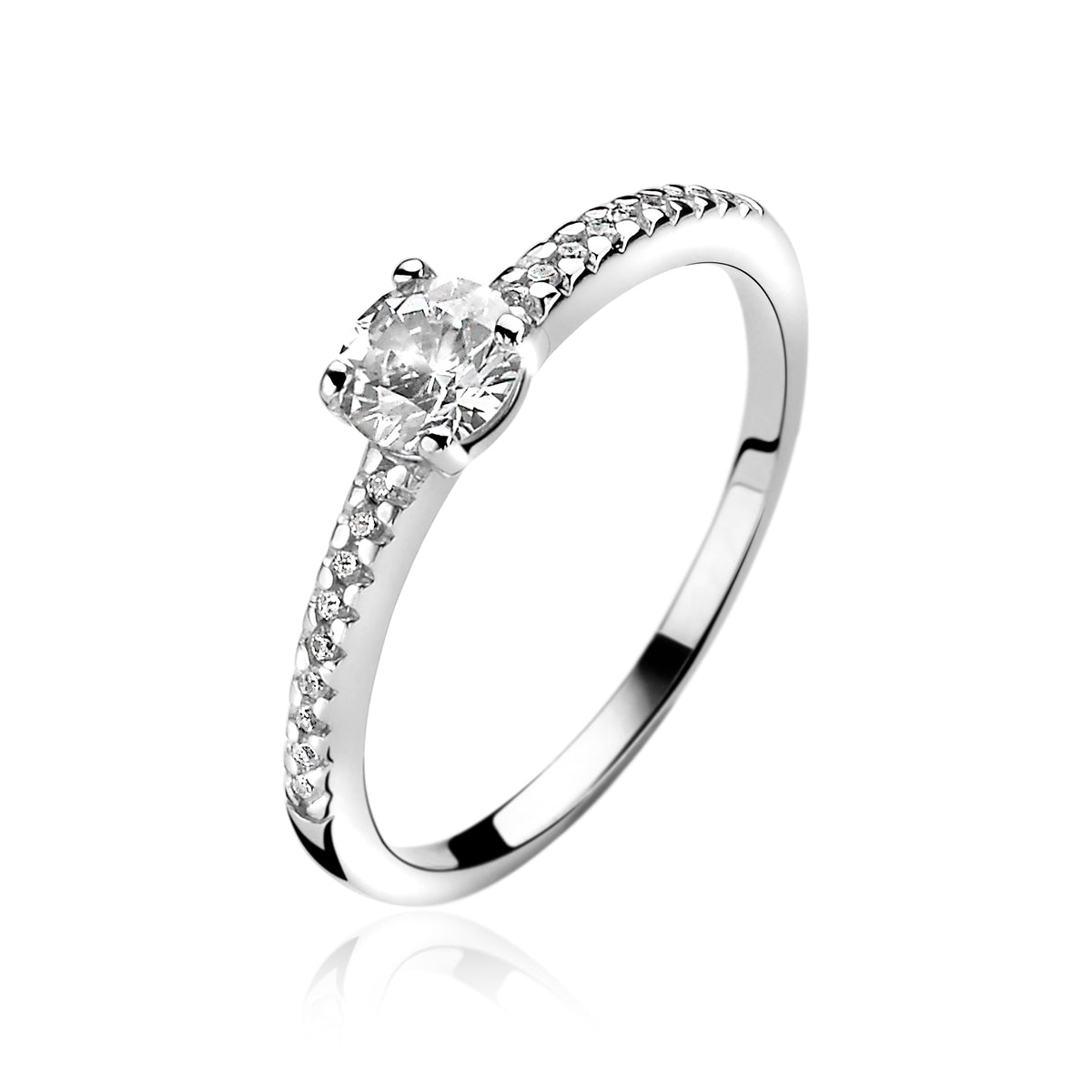 Ring aus Silber mit rundem Zirkonia und kleinen Steinen an der Seite