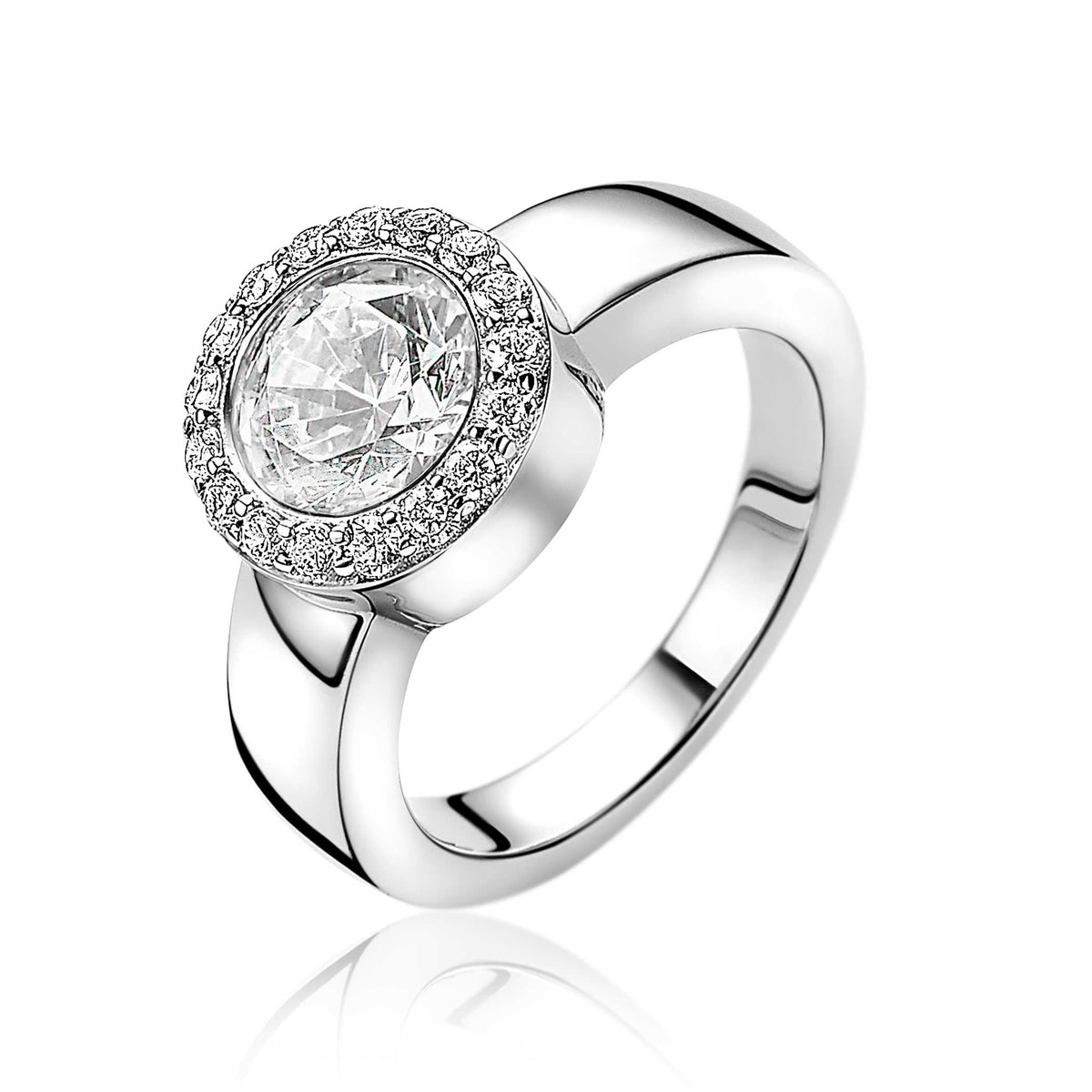 Ring aus Silber mit rundem Zifferblatt und funkelndem Steinbesatz