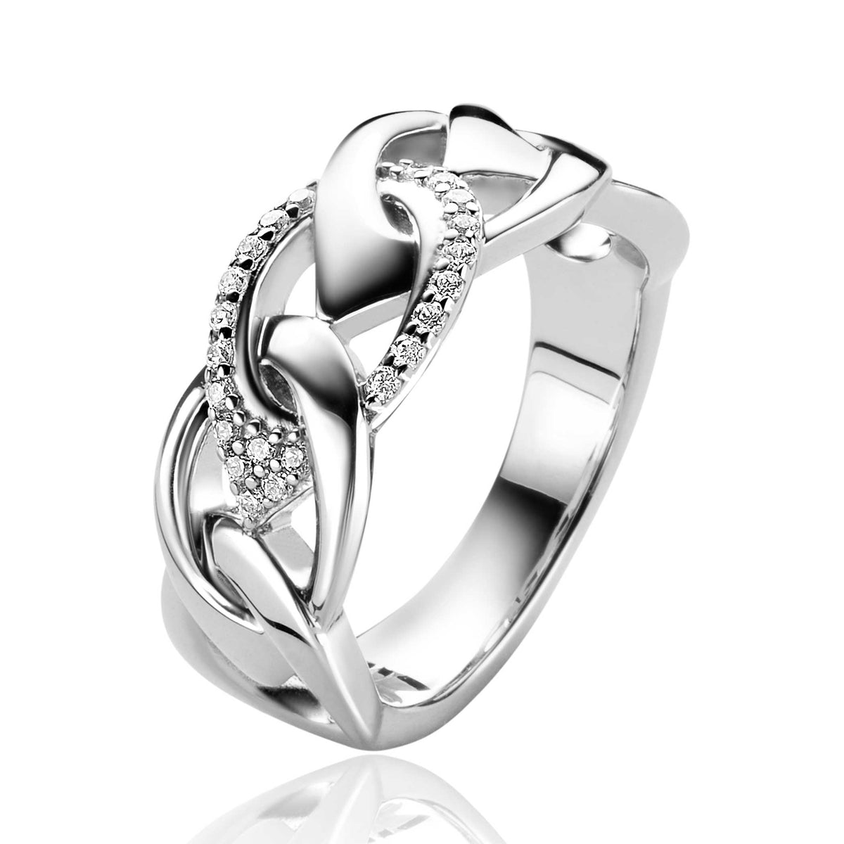 Ring aus Silber mit geschwungenem Design und Zirkonia-Steinen