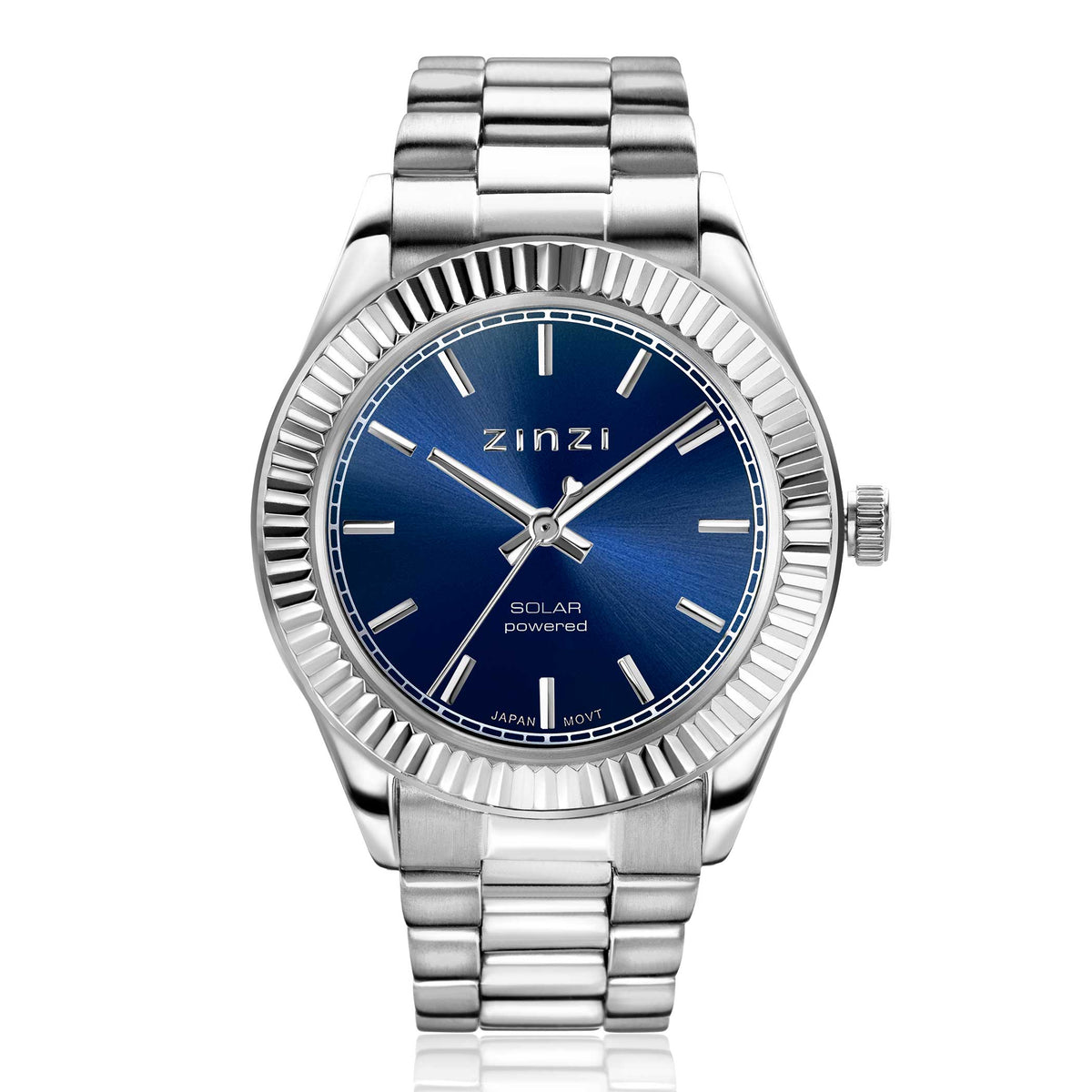 Silbernes Stahl-Horloge mit blauem Zifferblatt und geriffelter Lünette