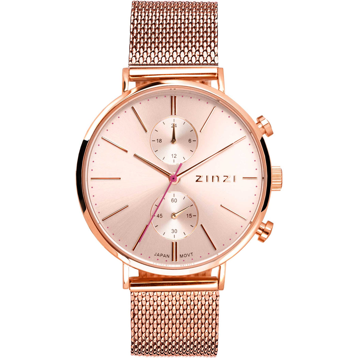 Roségoldfarbenes Zifferblatt mit zwei Subdials und rotem Sekundenzeiger, Mesh-Armband aus Roségold