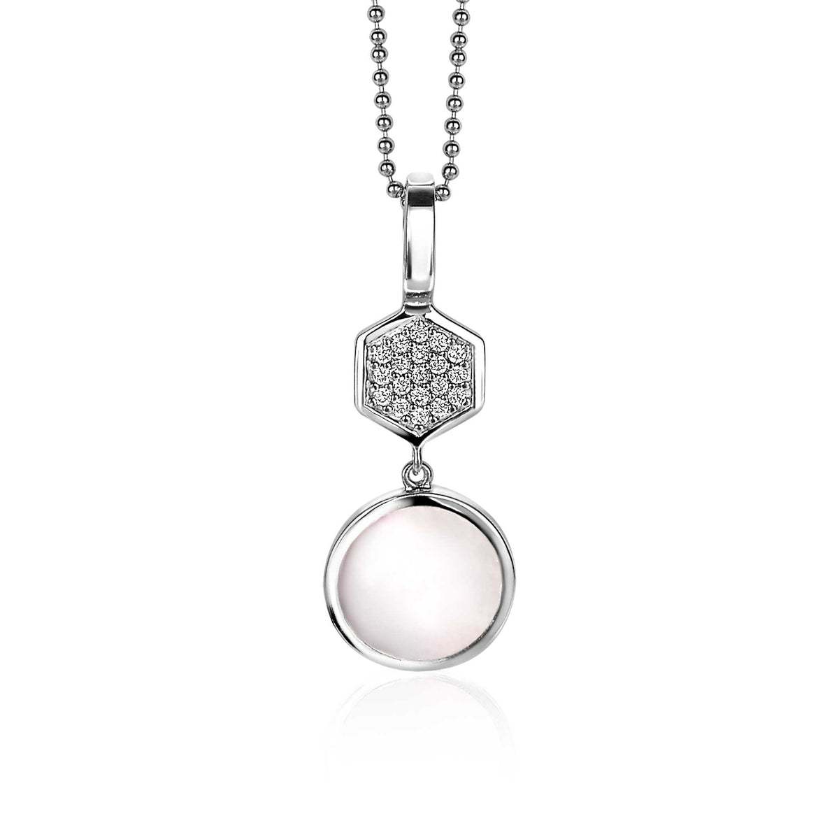 Silberner Anhänger mit runder, rosa Perle und hexagonalem Element mit kleinen Steinen