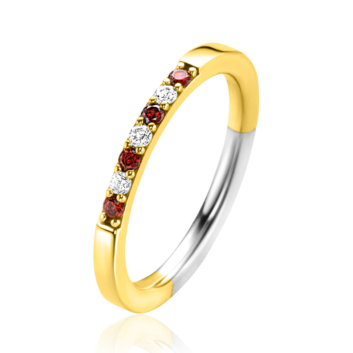 Ring mit goldfarbener Beschichtung, besetzt mit roten und weißen Steinen
