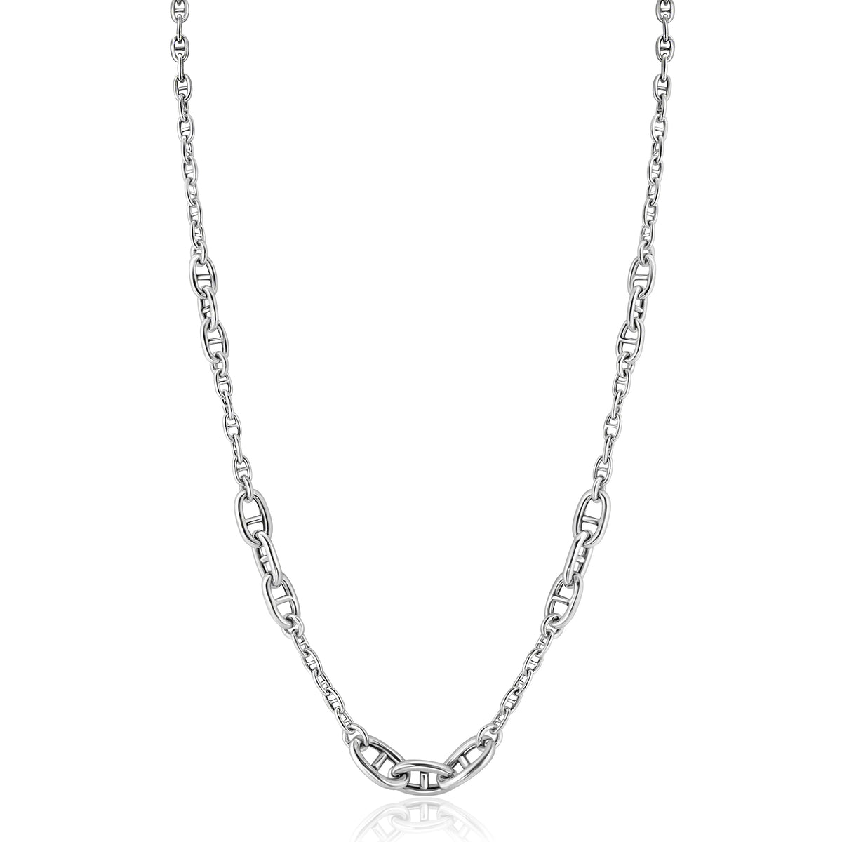 Kette aus Silber mit abwechselnden Gliedern und einem zentralen, geschwungenen Element