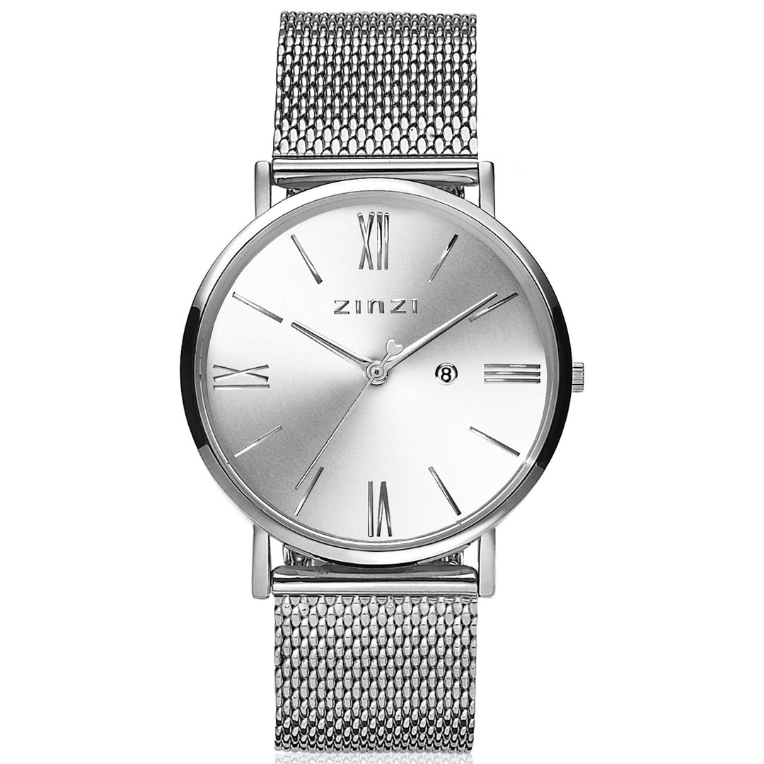 Het Zinzi Zilverkleurig Horloge Staal ZIW502 M heeft een mesh band, minimalistische wijzerplaat met Romeinse cijfers en datum bij 3 uur. De merknaam Zinzi staat op de wijzerplaat.