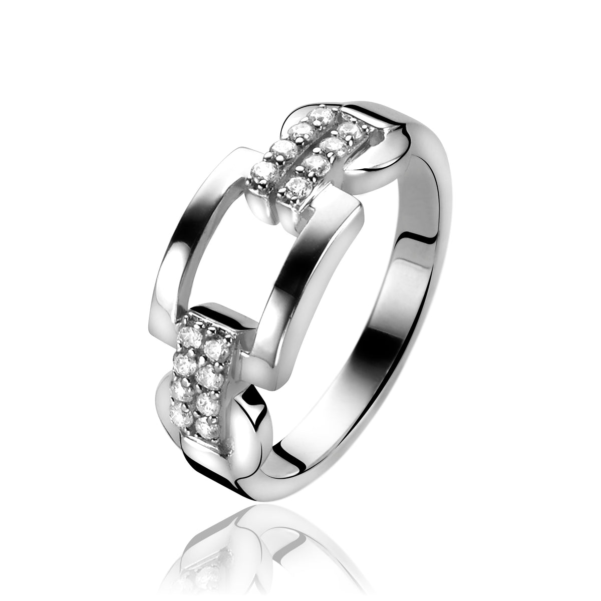 Ring aus Silber mit zwei Reihen von klaren Edelsteinen und modernem Design