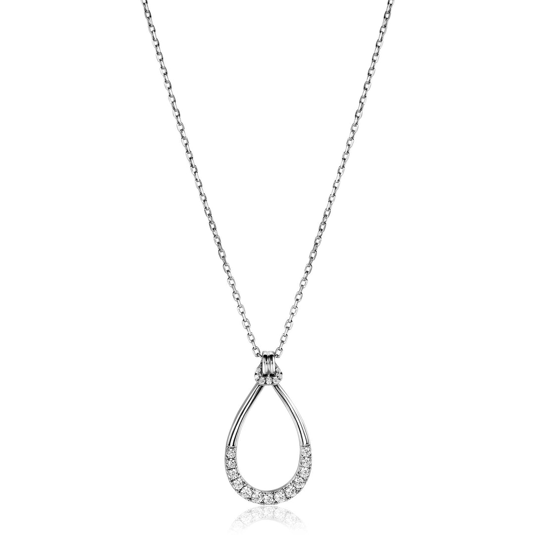 De Zinzi Ketting Zilver ZIC2555 is een zilveren ketting van Zinzi met een druppelvormige hanger, deels bezet met kleine, witte steentjes aan de onderzijde.