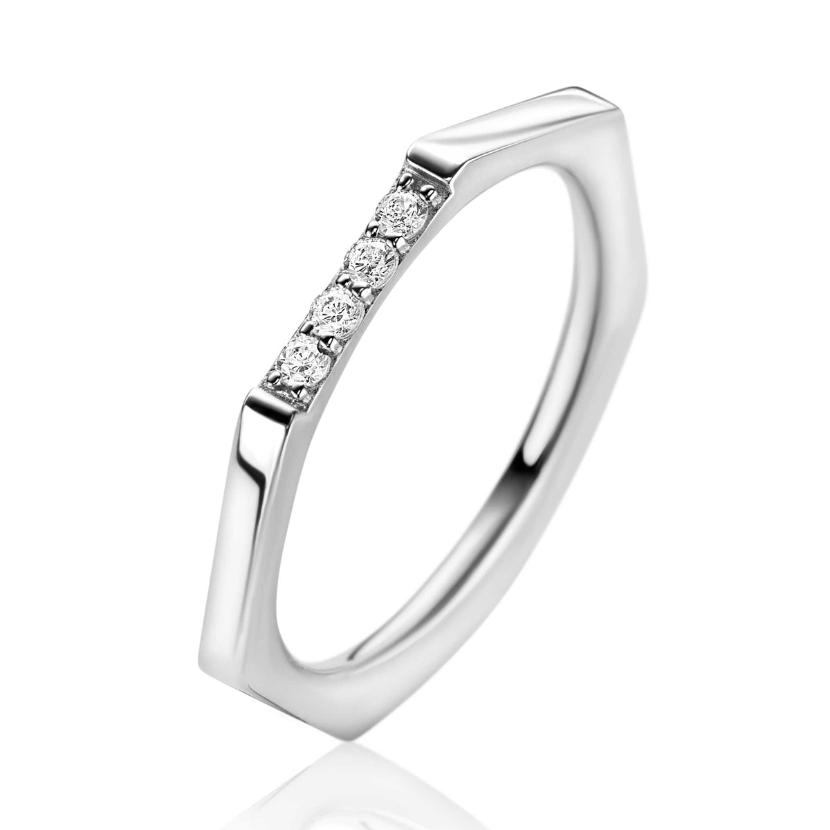 Ring aus Silber mit fünf klaren Zirkonia-Steinen in einer modernen, sechseckigen Form