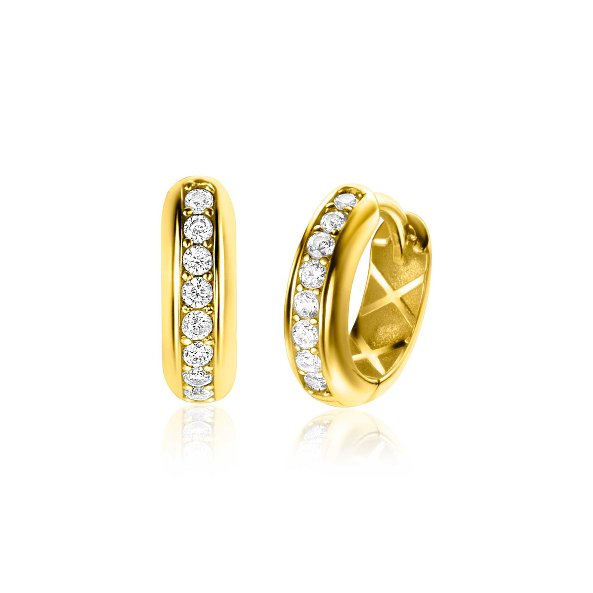 Goldene Ohrringe mit glänzender Oberfläche und einer Reihe von klaren Edelsteinen