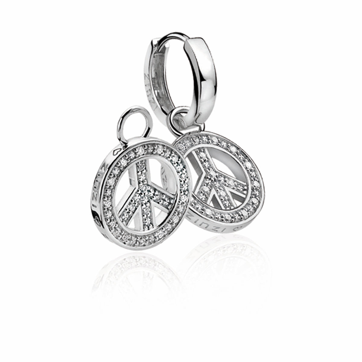 Ohrringe aus Silber mit zwei runden Anhängern, verziert mit Zirkonia und Peace-Zeichen