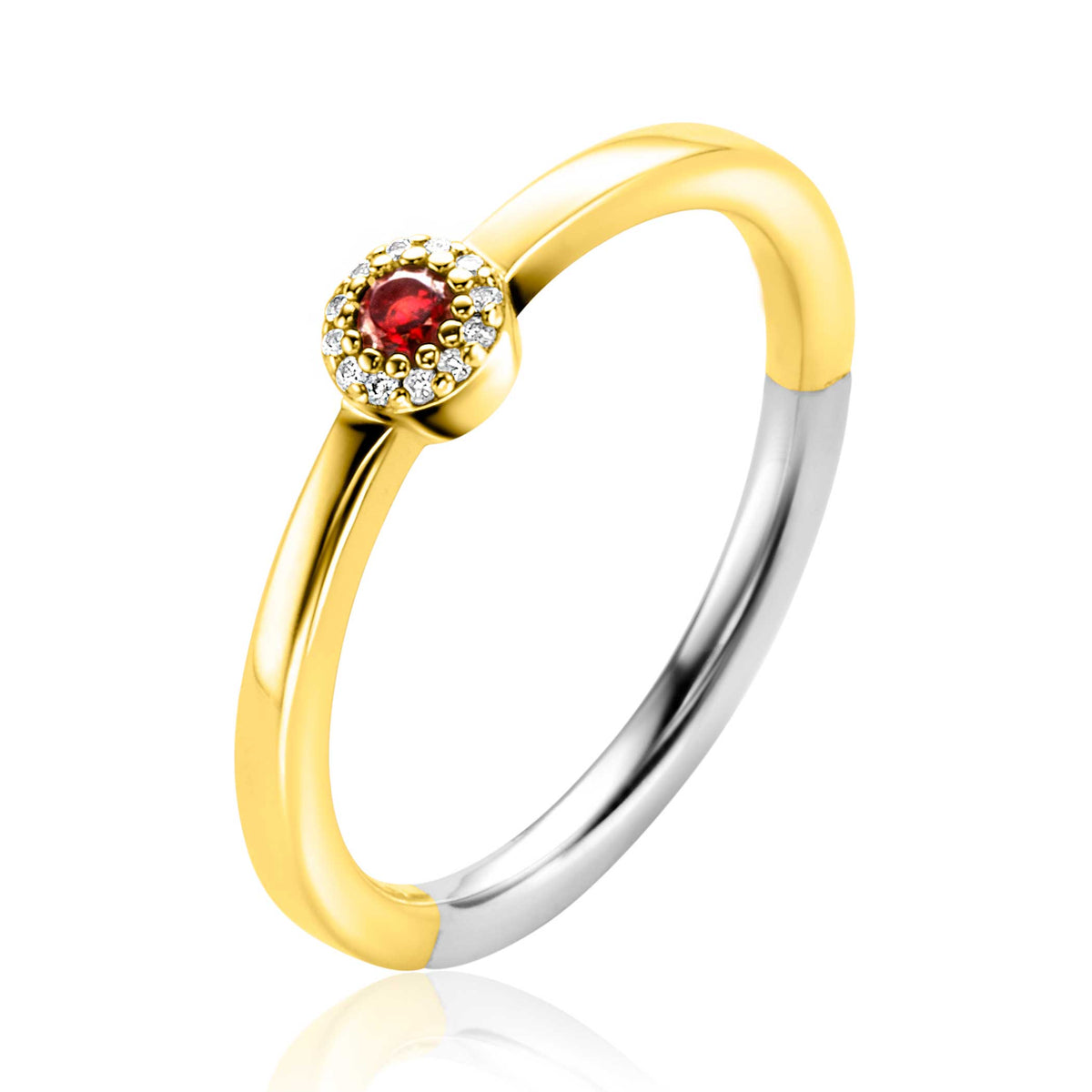 Ring mit goldfarbener Beschichtung und rotem Edelstein, umgeben von kleinen weißen Steinen