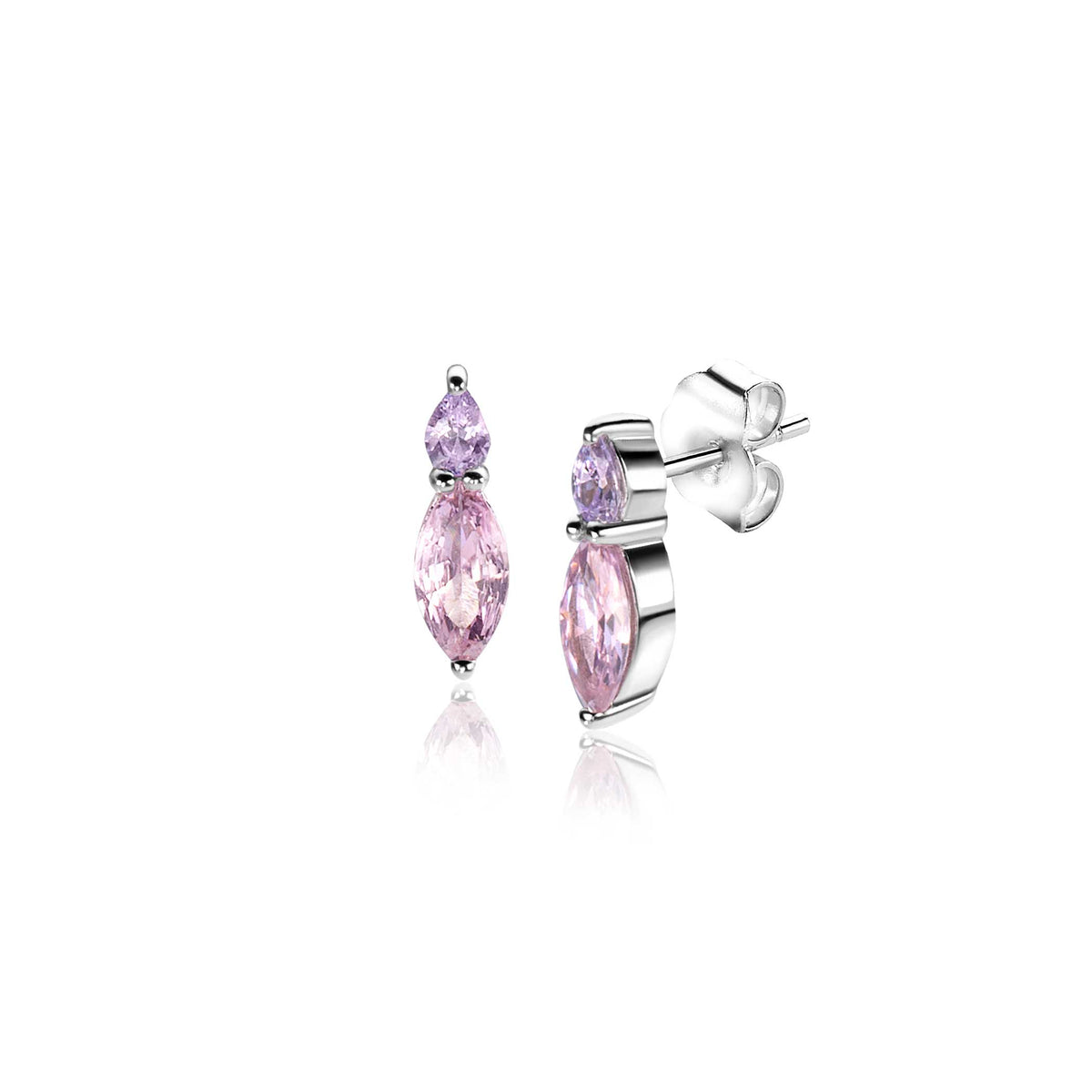 Ohrstecker aus Silber mit lila und rosa facettierten Edelsteinen in marquiseförmiger Anordnung