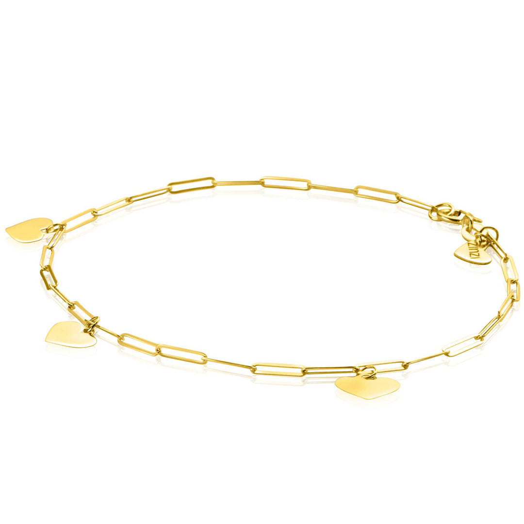 Ontdek de elegantie van de Zinzi Armband Goud Zga342, met delicate rechthoekige schakels in de vorm van een paperclip met vier gelijkmatig verdeelde hartvormige bedels.
