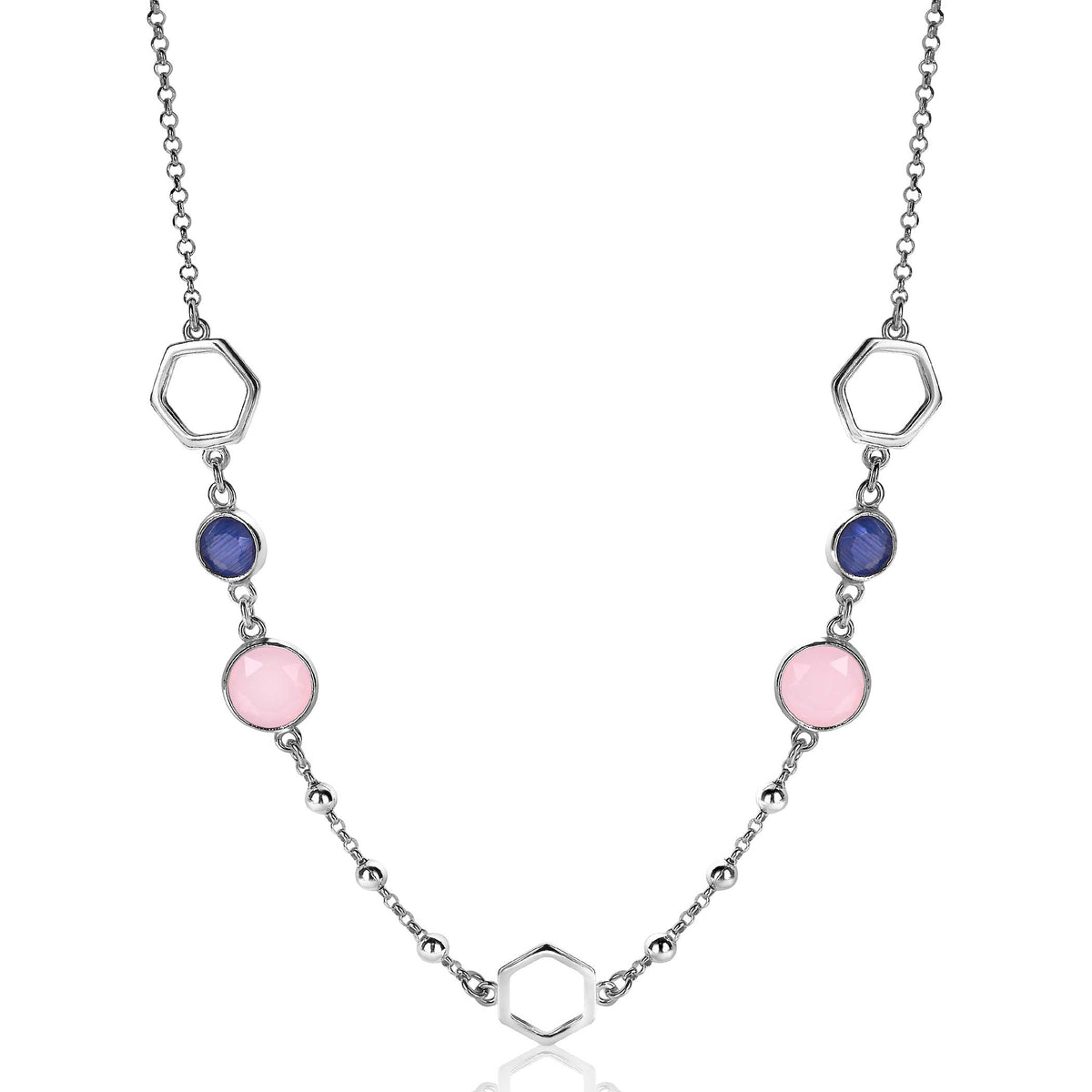 Silberne Kette mit hexagonalen und runden Anhängern in Blau und Rosa