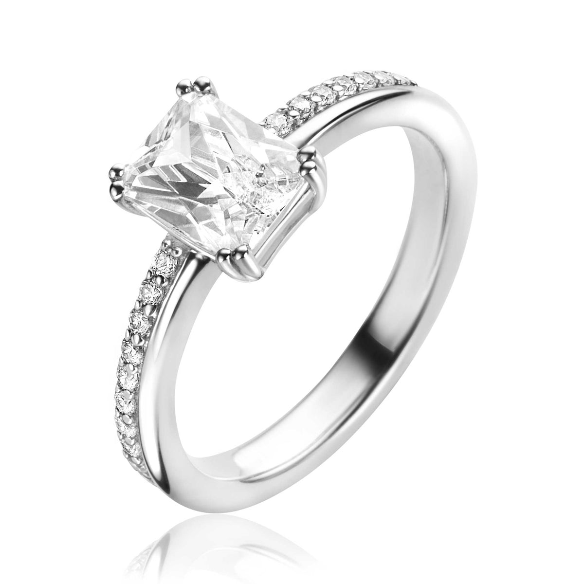 Ring aus Silber mit quadratischem Edelstein und kleinen, funkelnden Zirkonia entlang des Rings