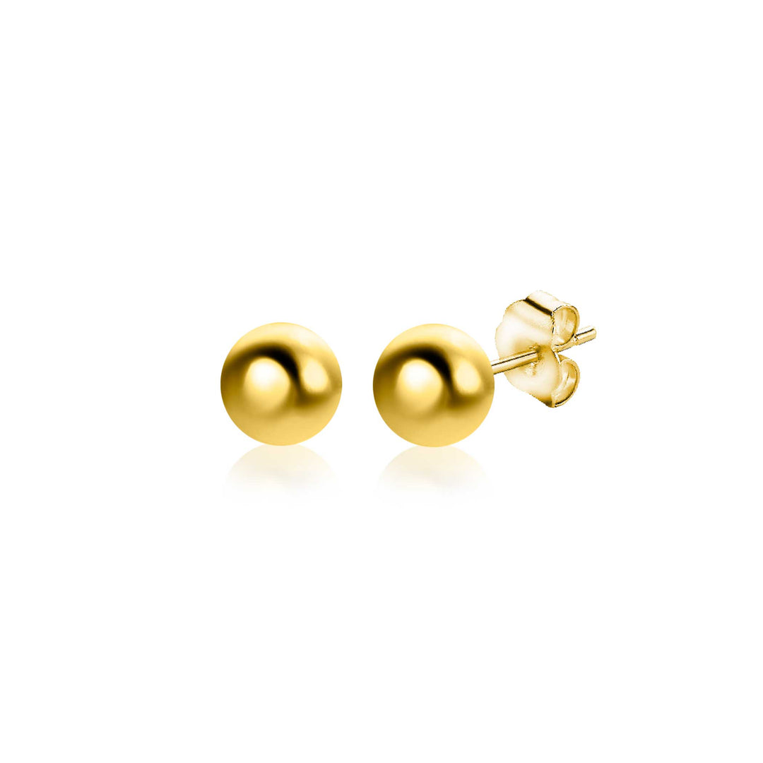 De Zinzi Oorbellen Goud Zgo394 zijn elegante, ronde gouden oorstekers met een glad bolvormig ontwerp van 4 mm en een eenvoudige push-back sluiting, afgebeeld op een effen witte achtergrond.