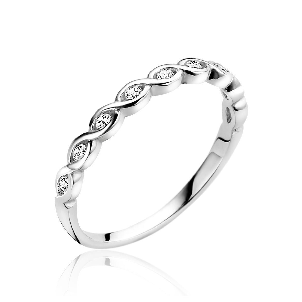 Ring aus Silber mit geschwungenem Design und kleinen, funkelnden Zirkonia-Steinen