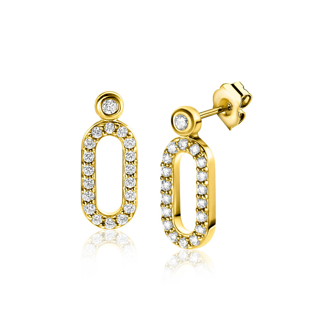 Zinzi Oorbellen Gold Plated Zio2398 Y: vergulde oorbellen met een ovaalvormig open ontwerp, elk omlijst met fonkelende witte zirkonia's en een enkele steen aan de bovenkant, weergegeven op een witte achtergrond.