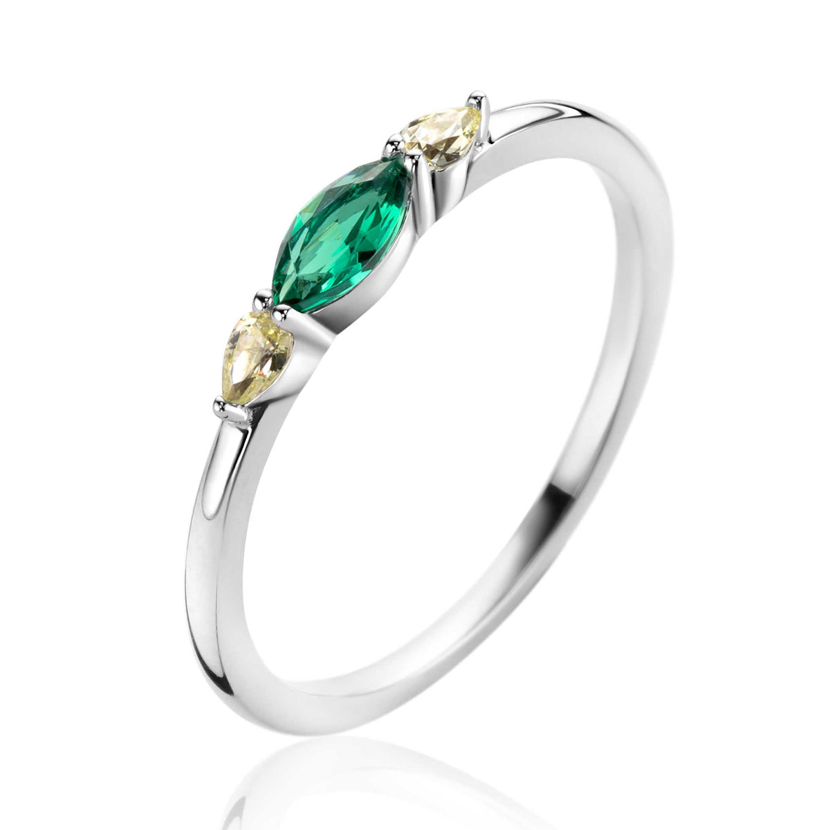Ring aus Silber mit grünem und zwei gelben Edelsteinen in tropfenförmiger Fassung