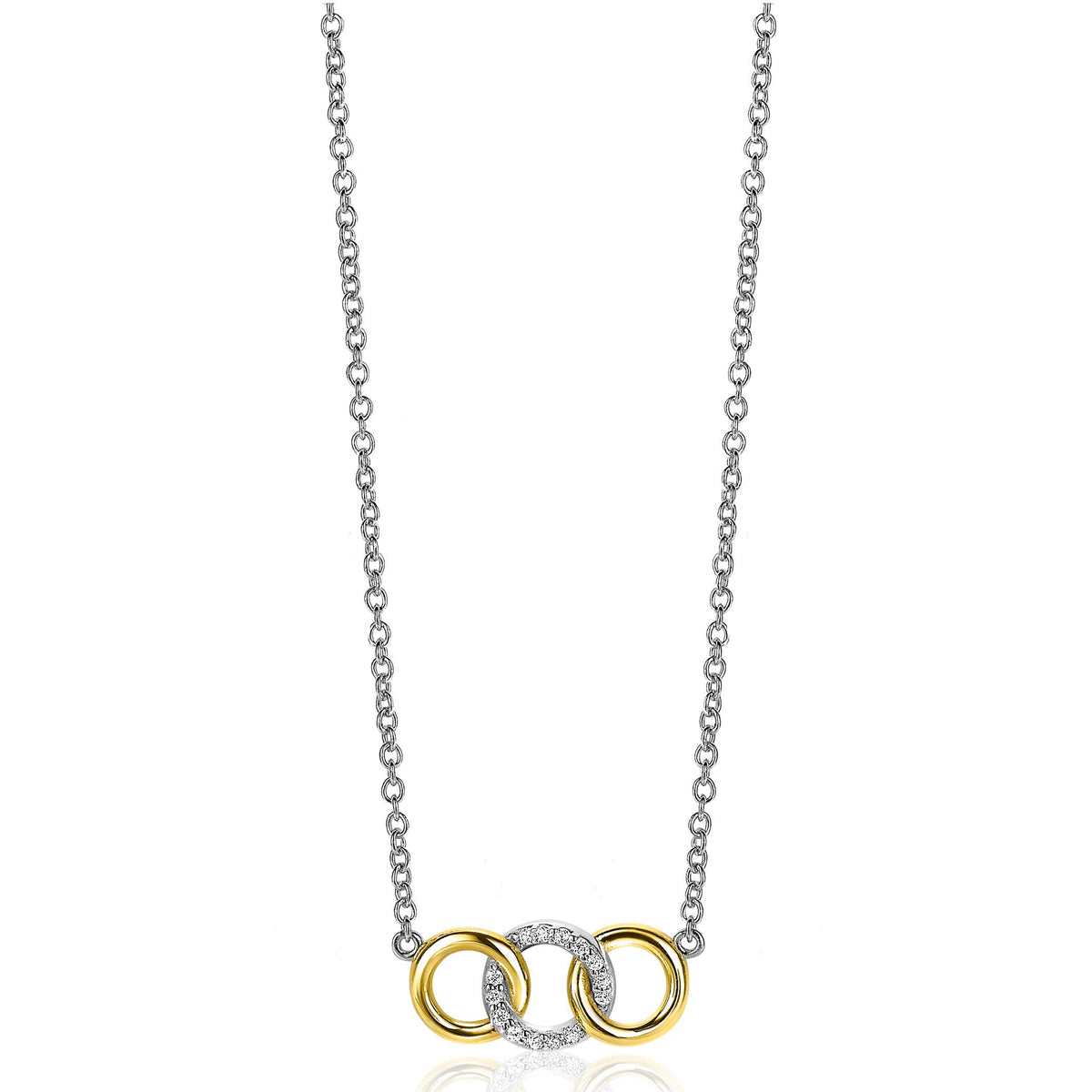 Kette mit goldplattierten und silbernen Gliedern sowie einem Zirkonia-besetzten Element in der Mitte