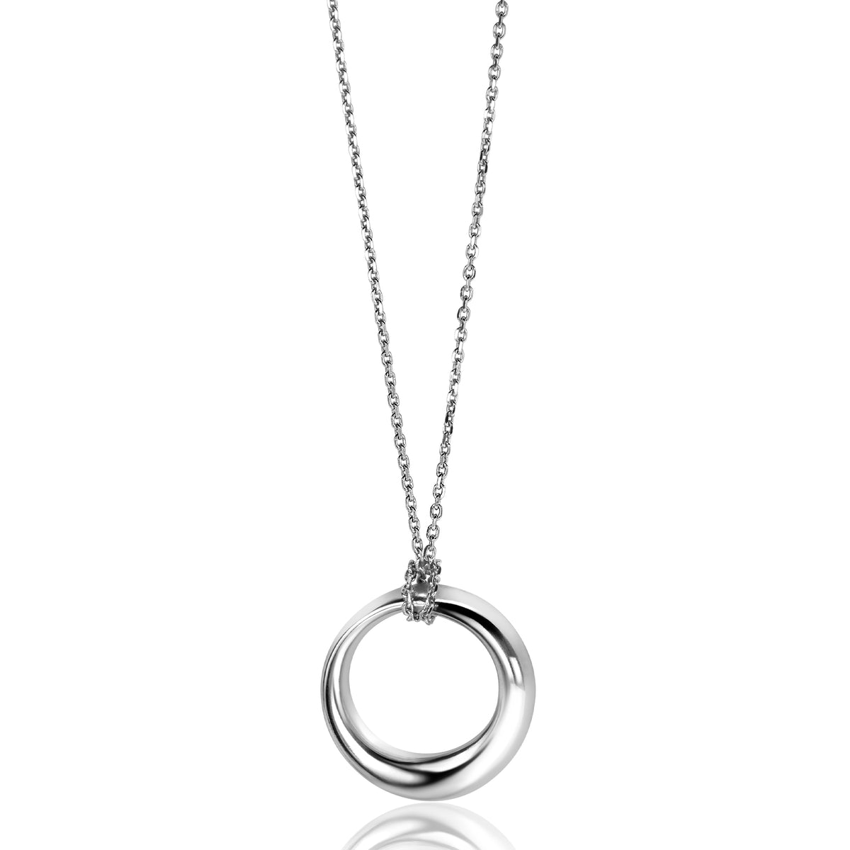 Kette aus Silber mit zwei ineinander verschlungenen Ringen und feiner Gliederkette