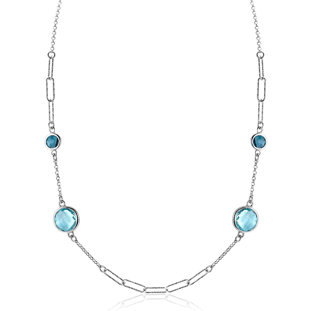Halskette aus Silber mit blauen Edelsteinen und ovalen Gliedern