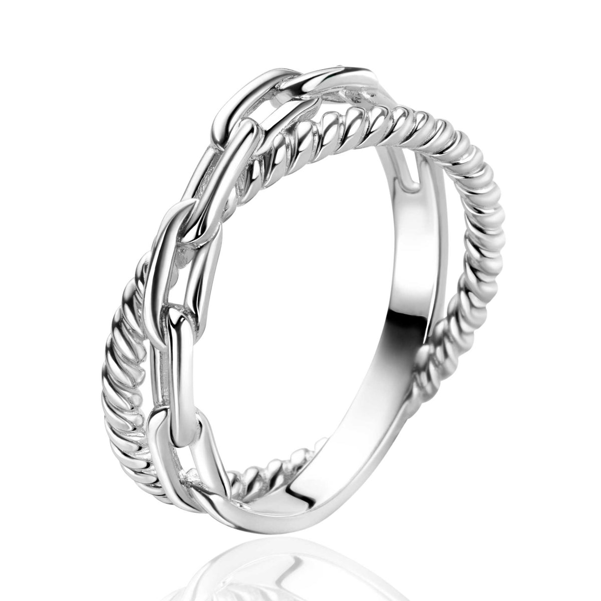 Ring aus Silber mit geflochtenem Design und glatten Oberflächen.