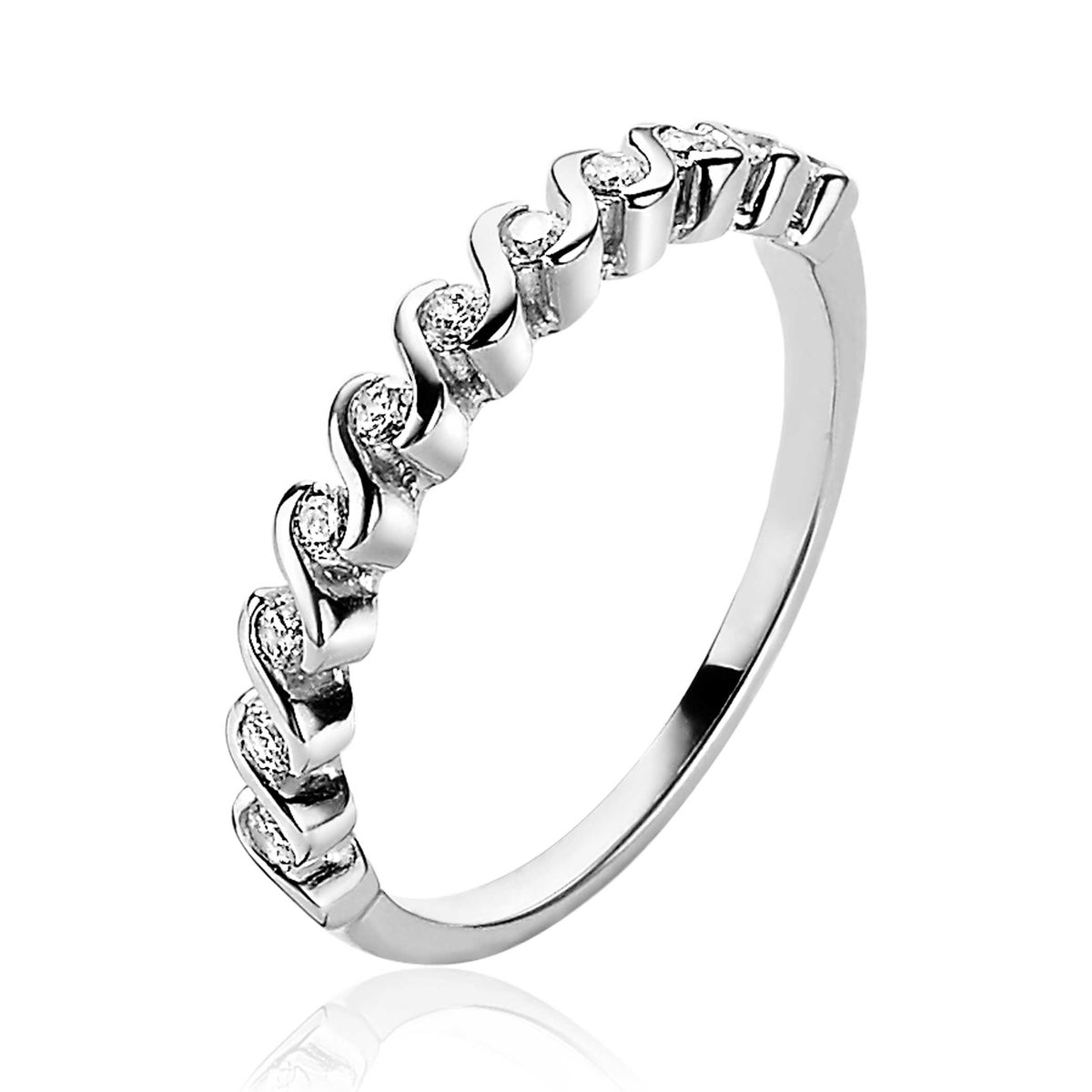 Ring aus Silber mit geschwungenem Design und kleinen, funkelnden Zirkonia-Steinen