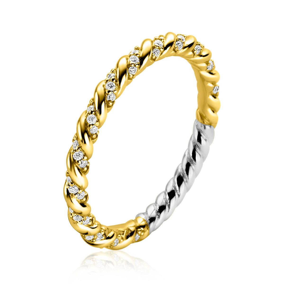 Ring aus vergoldetem Metall mit Zopfmuster und weißen Edelsteinen