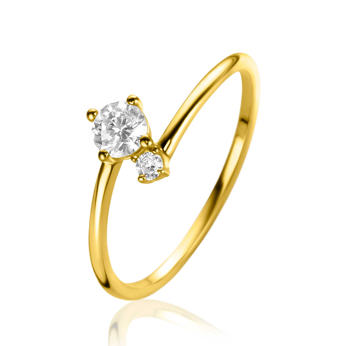Ring aus Gold mit zwei klaren Edelsteinen, einer größer und einer kleiner, in schlichter Form