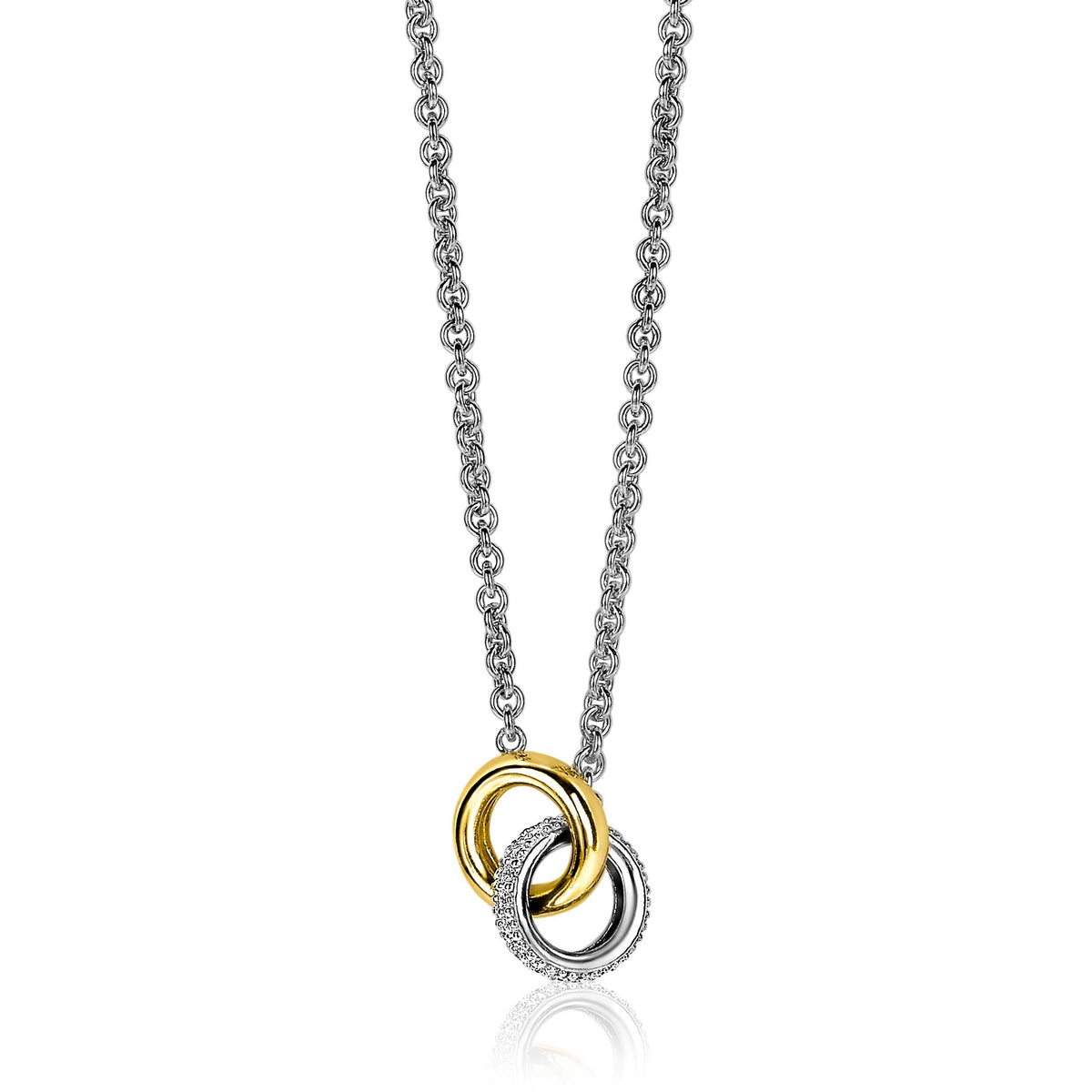 Kette aus Silber mit drei Ringen, zwei in Silber und einem in Gold, mit kleinen Steinchen.