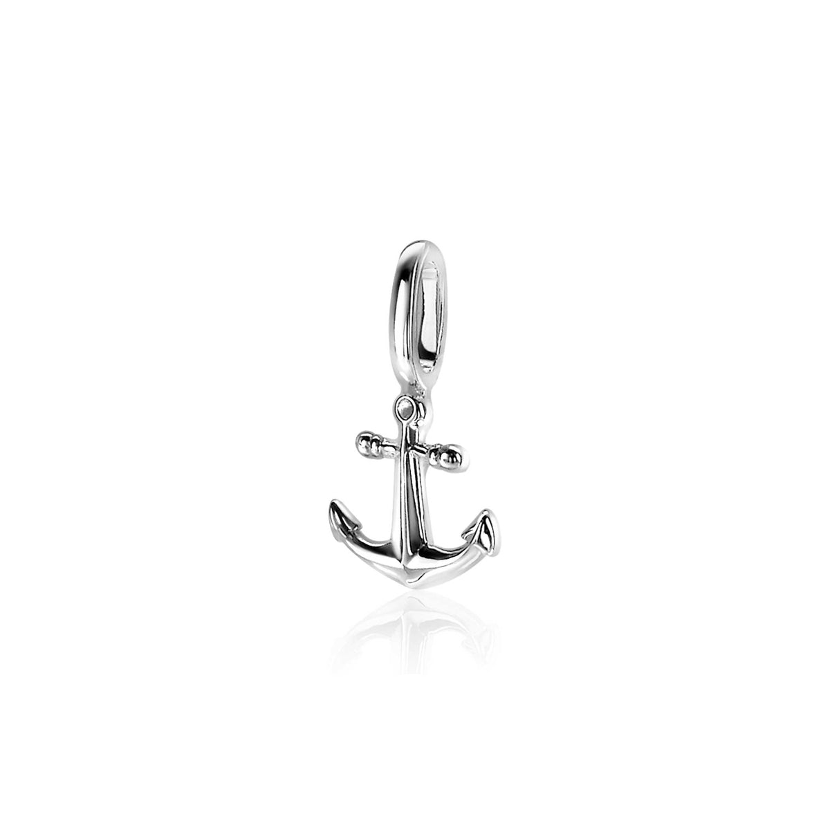 Hänger in Form eines Ankers aus Silber mit glänzender Oberfläche und beweglichem Karabiner.