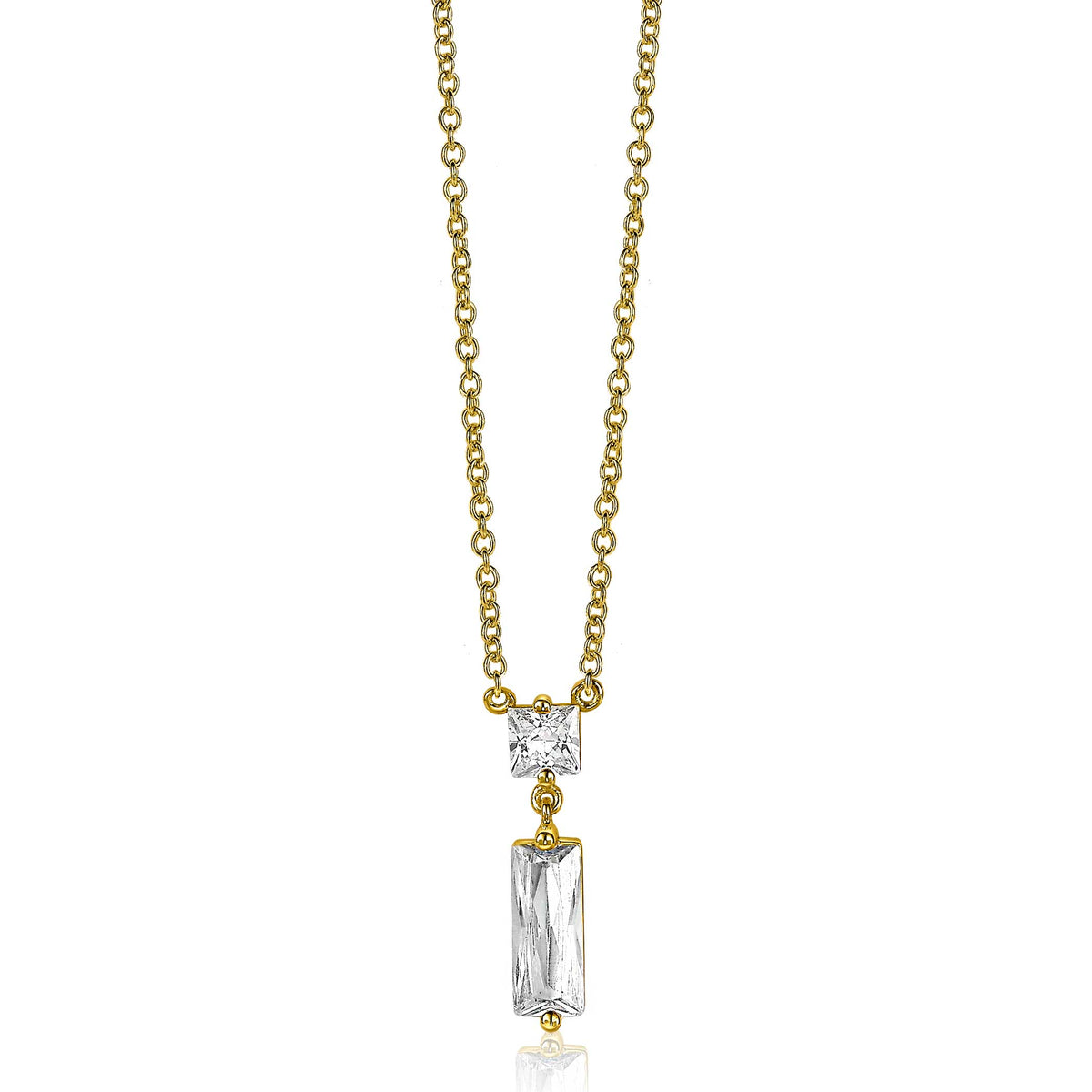 Halskette mit goldplattiertem Anhänger, zwei klare Edelsteine und einem rechteckigen Element