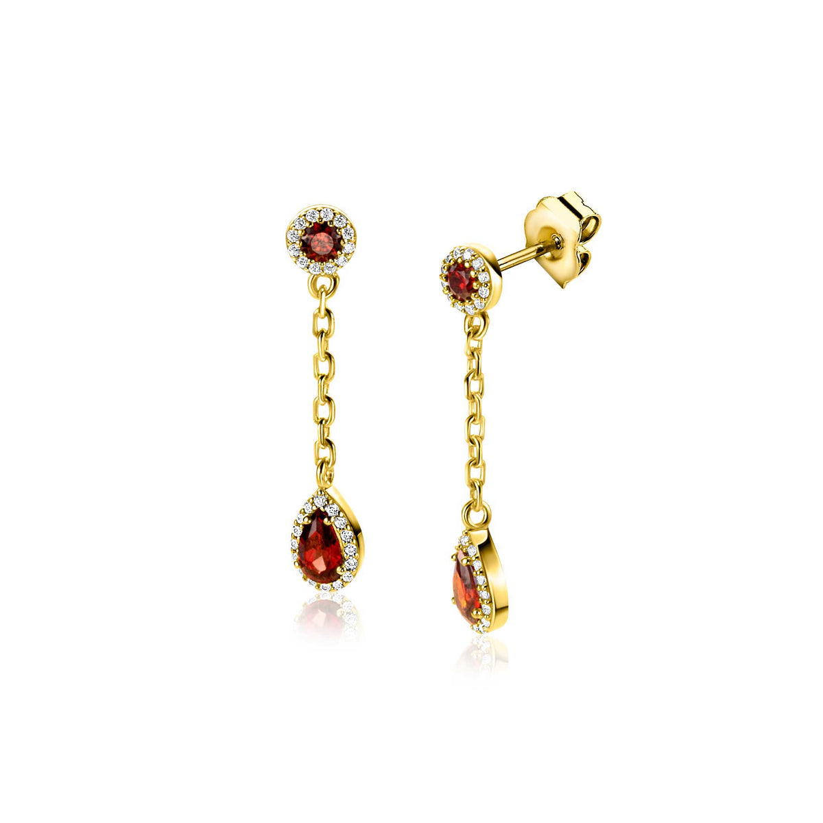 Goldplattierte Ohrringe mit rotem Edelstein und klaren Zirkonia, hängendes Design mit Kette