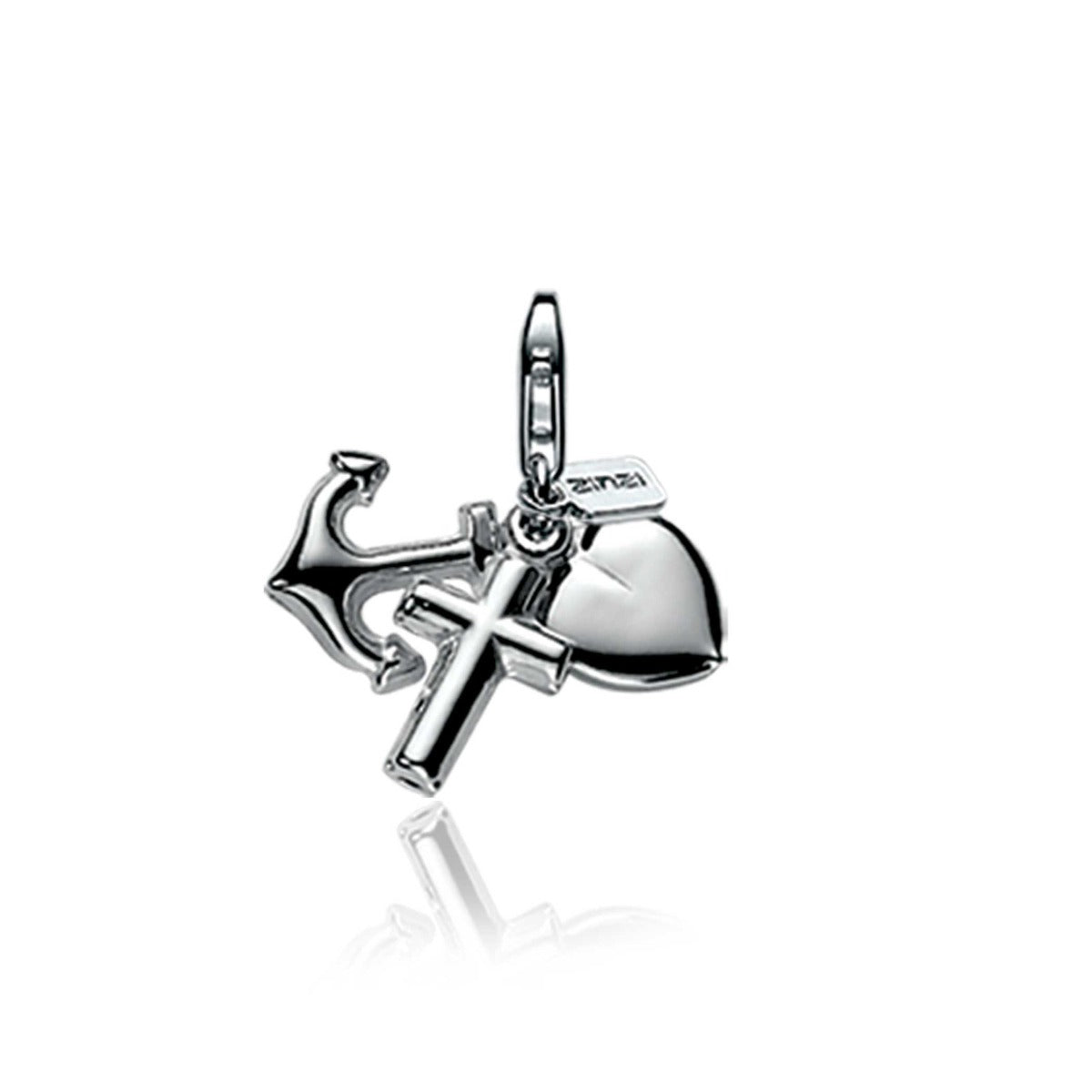 Silberner Charm mit Herz, Kreuz und Anker, glänzende Oberfläche und bewegliche Elemente