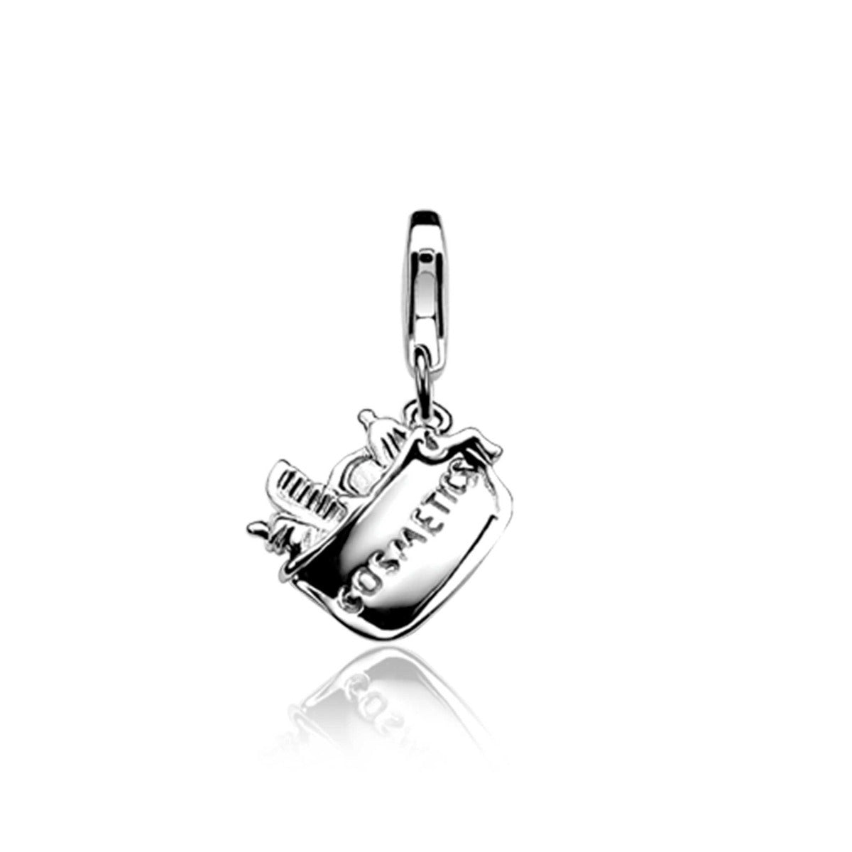 Silberner Charm in Form einer Kosmetiktasche mit Detailverzierungen und Karabinerhaken